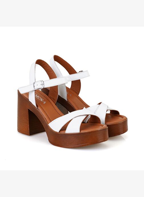 Kadın Beyaz Platform Topuklu Deri Sandalet - Görsel 2