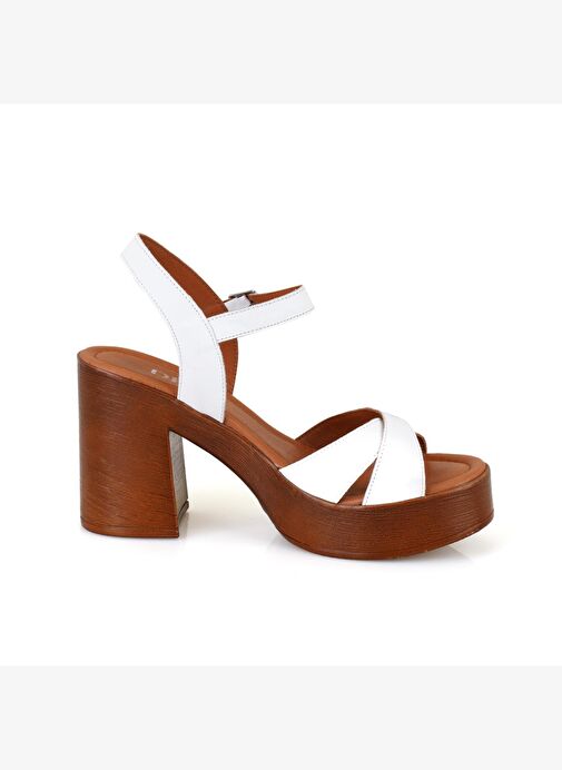 Kadın Beyaz Platform Topuklu Deri Sandalet - Görsel 3
