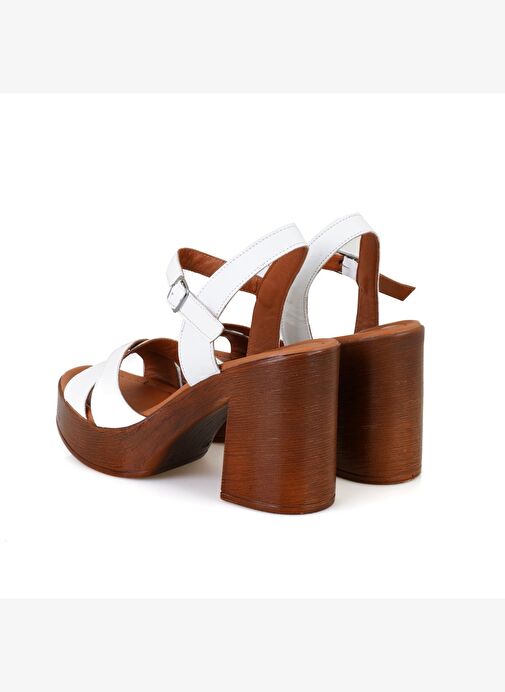 Kadın Beyaz Platform Topuklu Deri Sandalet - Görsel 6