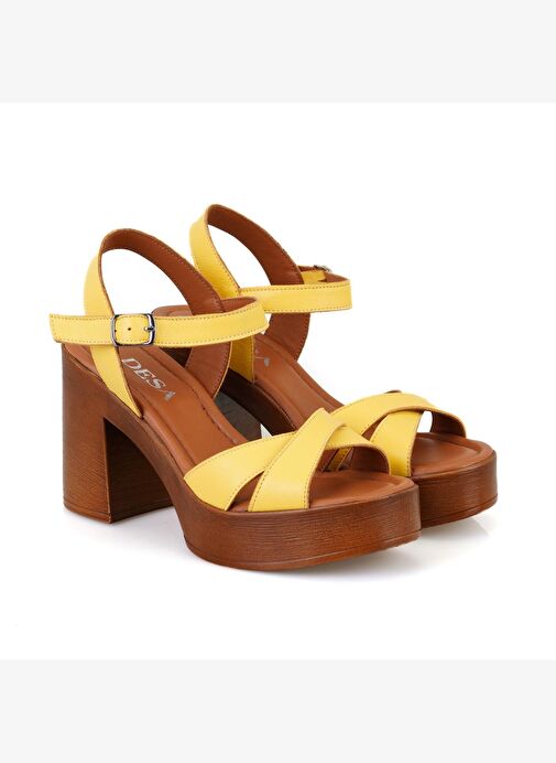 Kadın Sarı Platform Topuklu Deri Sandalet - Görsel 2