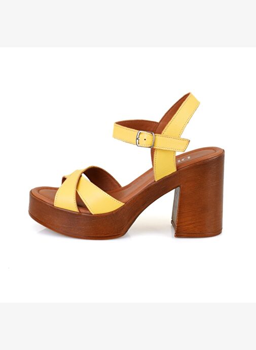 Kadın Sarı Platform Topuklu Deri Sandalet - Görsel 4