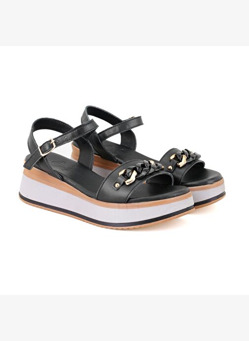 Kadın Siyah Topuklu Deri Sandalet - Görsel 2