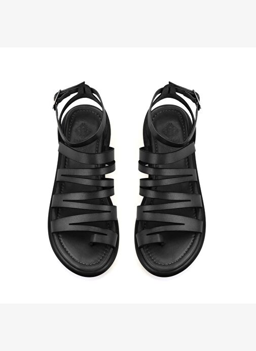 Kadın Siyah Ayarlanabilir Tokalı Deri Sandalet - Görsel 6