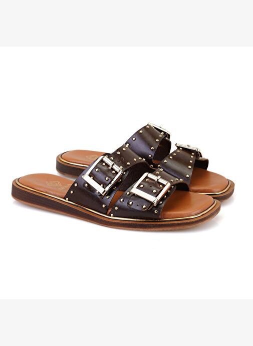 Kahve Kadın Ayarlanabilir Tokalı Deri Terlik - Görsel 2