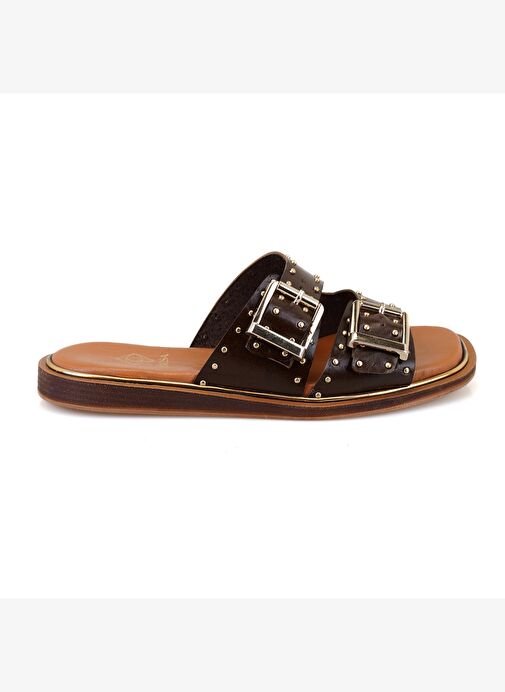 Kahve Kadın Ayarlanabilir Tokalı Deri Terlik - Görsel 3