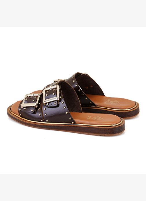 Kahve Kadın Ayarlanabilir Tokalı Deri Terlik - Görsel 5