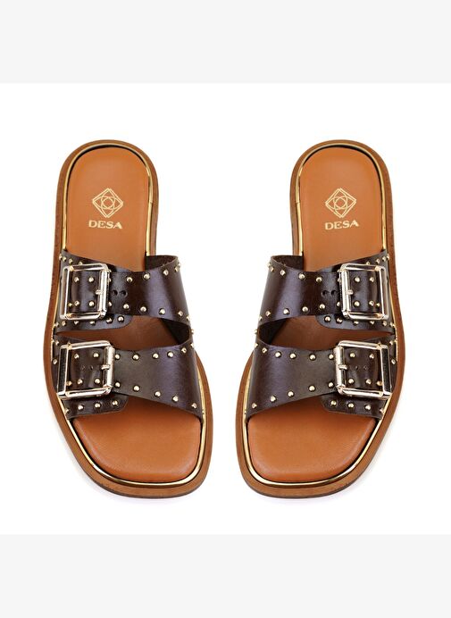 Kahve Kadın Ayarlanabilir Tokalı Deri Terlik - Görsel 6