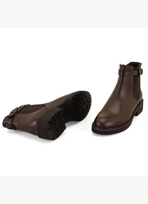 Kadın Kemer Aksesuarlı Kahve Lastikli Deri Chelsea Bot - Görsel 6