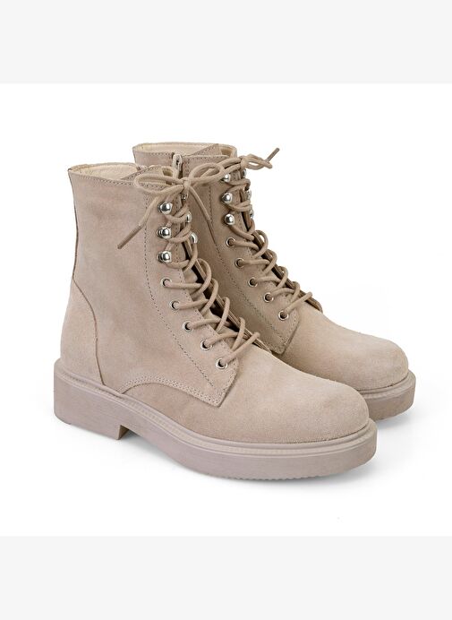Kadın Bej Fermuarlı Süet Deri Bot - Görsel 2