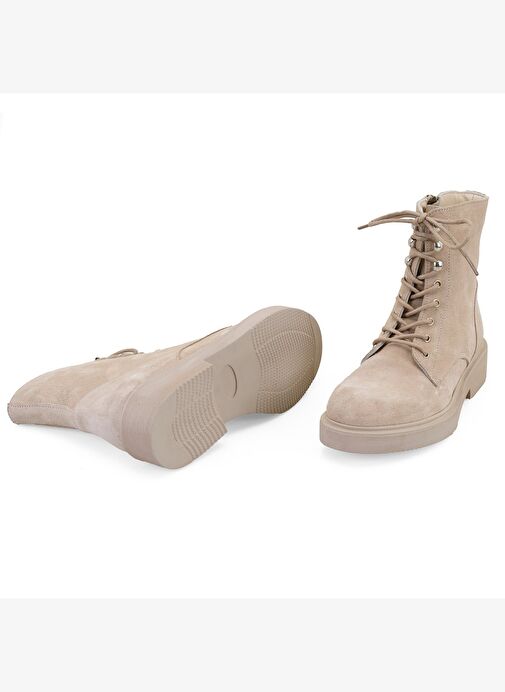 Kadın Bej Fermuarlı Süet Deri Bot - Görsel 7