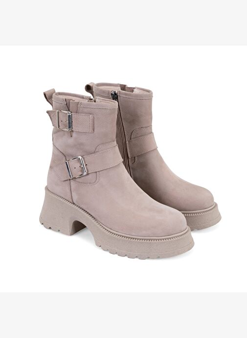 Kadın Bej Kemer Aksesuarlı Topuklu Deri Bot - Görsel 3