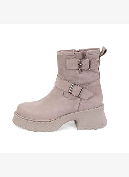 Kadın Bej Kemer Aksesuarlı Topuklu Deri Bot - Görsel 5