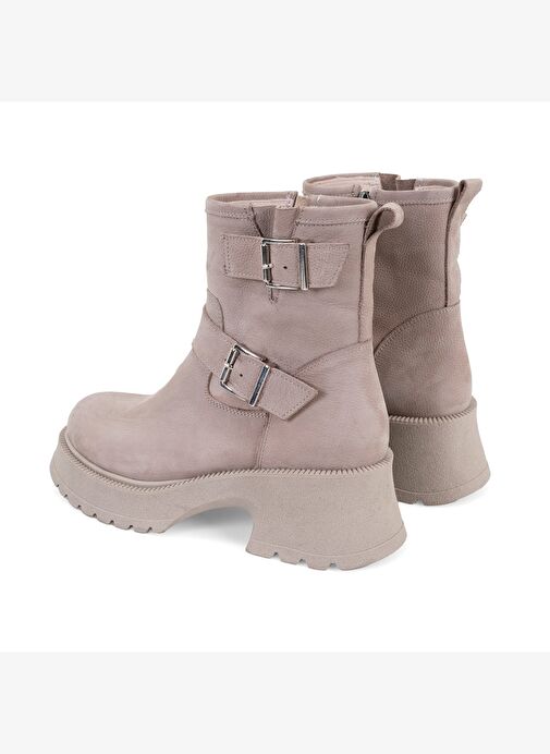 Kadın Bej Kemer Aksesuarlı Topuklu Deri Bot - Görsel 6