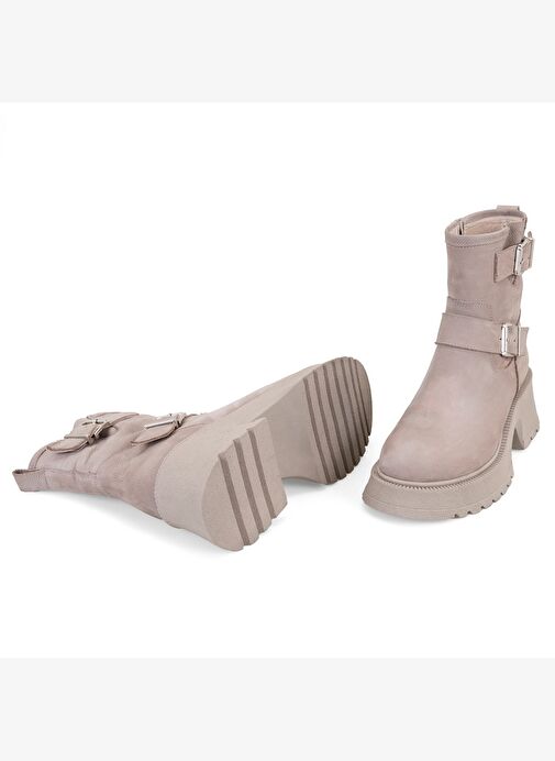 Kadın Bej Kemer Aksesuarlı Topuklu Deri Bot - Görsel 8