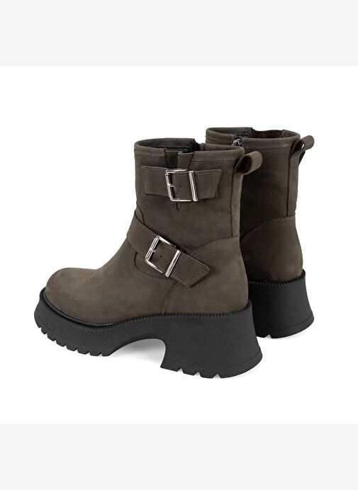 Kadın Yeşil Kemer Aksesuarlı Topuklu Deri Bot - Görsel 6