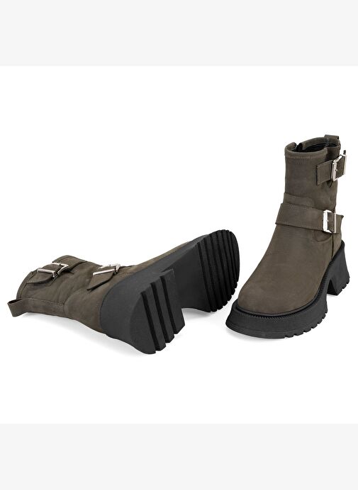 Kadın Yeşil Kemer Aksesuarlı Topuklu Deri Bot - Görsel 8