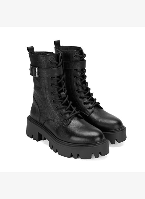 Kadın Siyah Bağcıklı Deri Postal Bot - Görsel 2