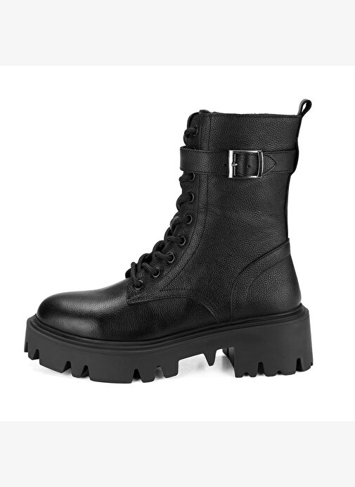 Kadın Siyah Bağcıklı Deri Postal Bot - Görsel 6