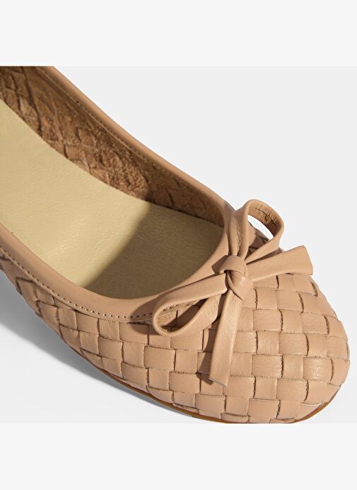 Kadın Pudra Örgü Detaylı Fiyonklu Deri Babet - Görsel 7