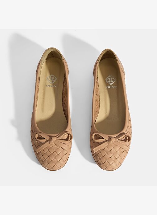 Kadın Pudra Örgü Detaylı Fiyonklu Deri Babet - Görsel 8