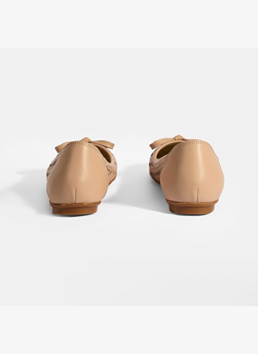 Kadın Pudra Örgü Detaylı Fiyonklu Deri Babet - Görsel 9