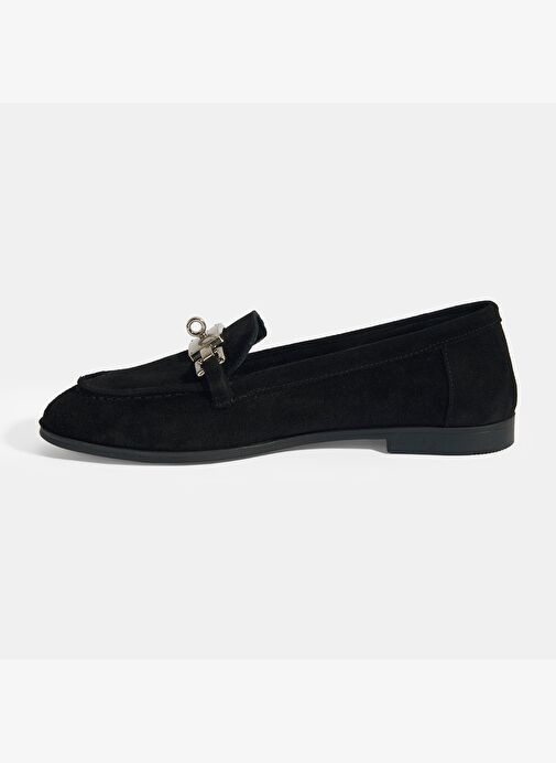 Kadın Siyah Kilit Aksesuarlı Slip-On Süet Loafer - Görsel 4