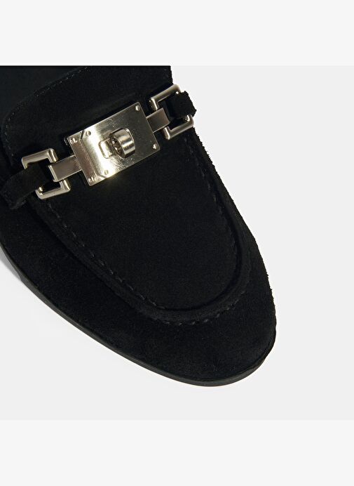Kadın Siyah Kilit Aksesuarlı Slip-On Süet Loafer - Görsel 8