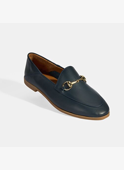 Lacivert Kadın Toka Aksesuarlı Deri Loafer - Görsel 6