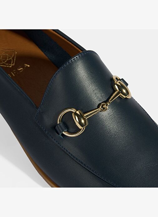 Lacivert Kadın Toka Aksesuarlı Deri Loafer - Görsel 7