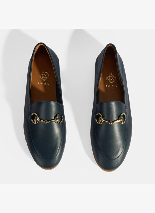 Lacivert Kadın Toka Aksesuarlı Deri Loafer - Görsel 8