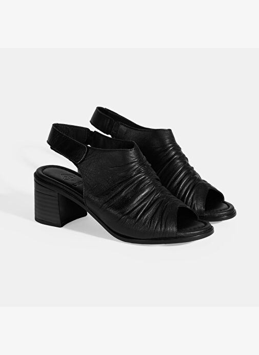 Siyah Kadın Cırt Cırtlı Deri Sandalet - Görsel 3
