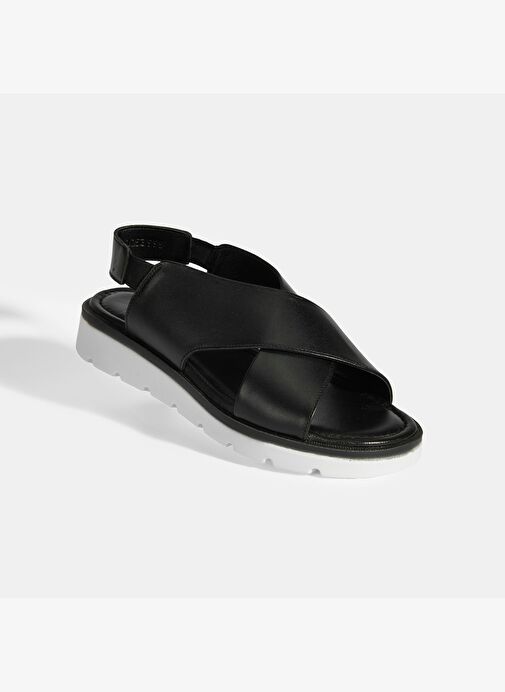 Siyah Kadın Lastik Bantlı Deri Sandalet - Görsel 7