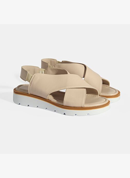 Krem Kadın Lastik Bantlı Deri Sandalet - Görsel 3