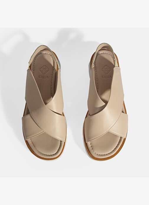 Krem Kadın Lastik Bantlı Deri Sandalet - Görsel 8