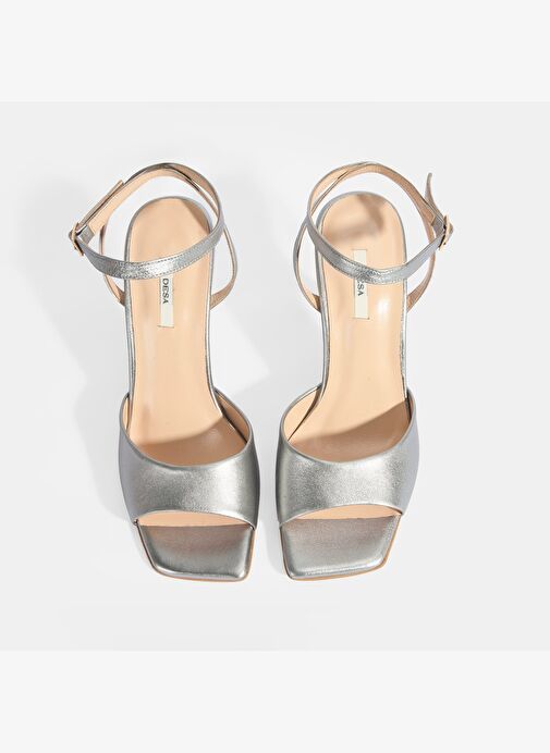 Kadın Gümüş Ayarlanabilir Tokalı Deri Abiye Topuklu Sandalet - Görsel 7