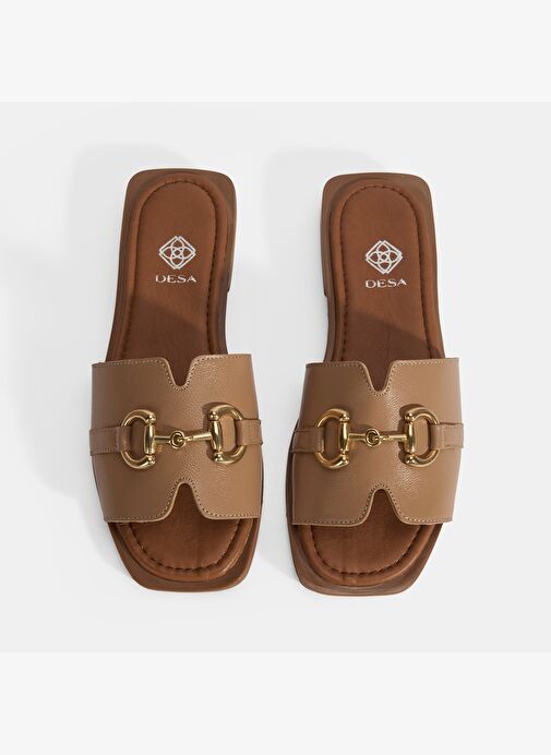 Kadın Taba Metal Toka Aksesuarlı Deri Terlik - Görsel 7