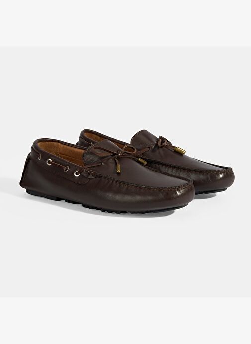 Erkek Kahve Bağcık Detaylı Slip-On Deri Loafer - Görsel 3