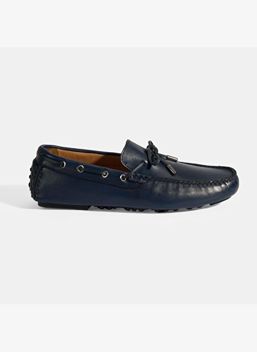Erkek Lacivert Bağcık Detaylı Slip-On Deri Loafer - Görsel 2