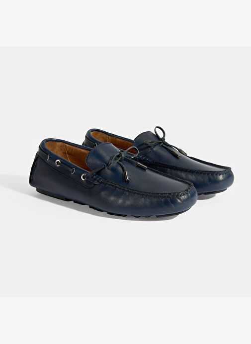 Erkek Lacivert Bağcık Detaylı Slip-On Deri Loafer - Görsel 3