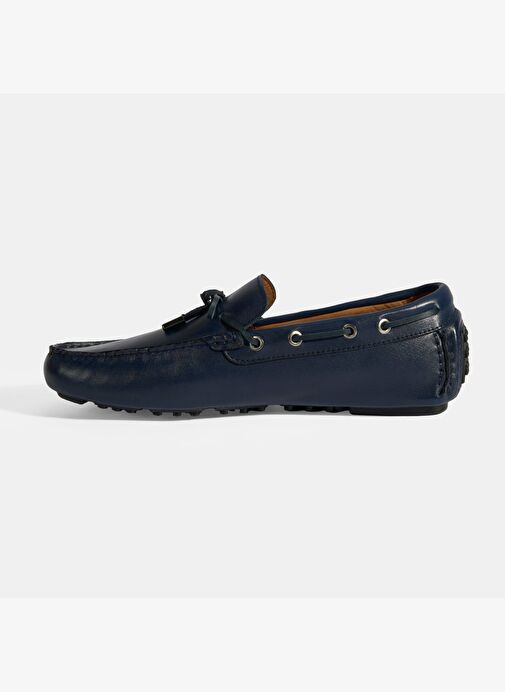 Erkek Lacivert Bağcık Detaylı Slip-On Deri Loafer - Görsel 4