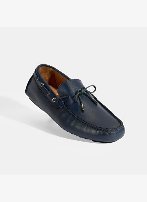 Erkek Lacivert Bağcık Detaylı Slip-On Deri Loafer - Görsel 6