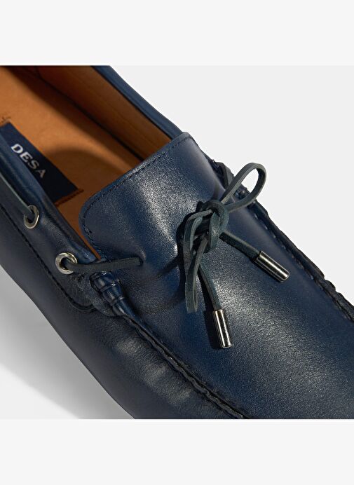 Erkek Lacivert Bağcık Detaylı Slip-On Deri Loafer - Görsel 7
