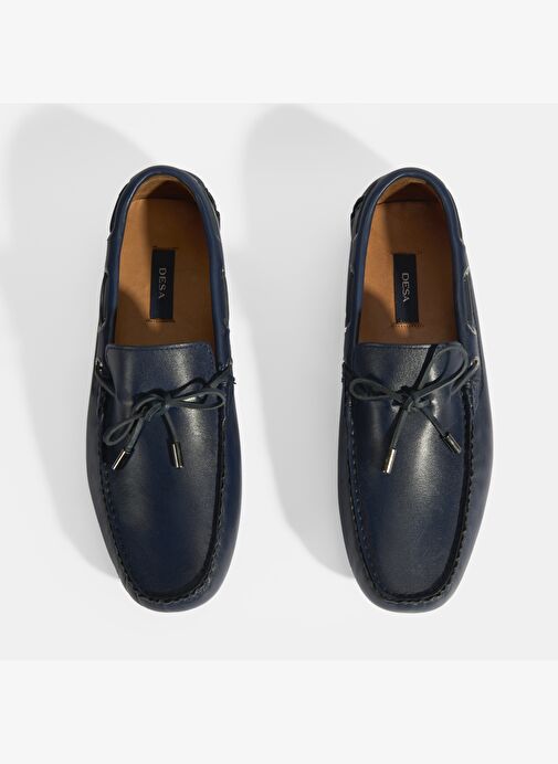 Erkek Lacivert Bağcık Detaylı Slip-On Deri Loafer - Görsel 8