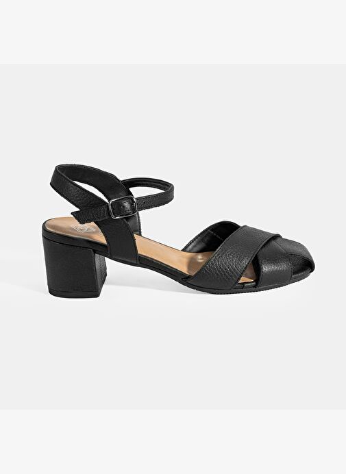 Kadın Siyah Ayarlanabilir Tokalı Deri Topuklu Sandalet - Görsel 2