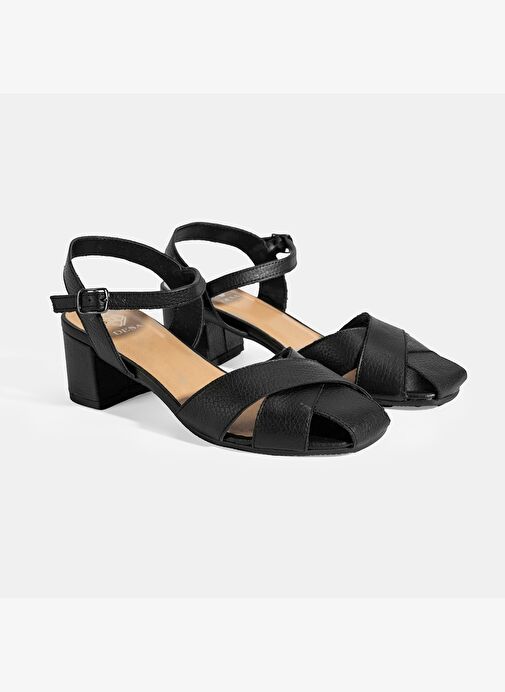 Kadın Siyah Ayarlanabilir Tokalı Deri Topuklu Sandalet - Görsel 3