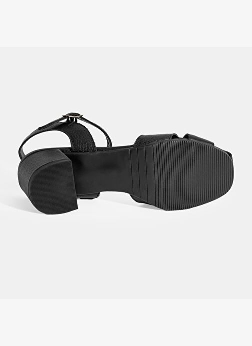 Kadın Siyah Ayarlanabilir Tokalı Deri Topuklu Sandalet - Görsel 5