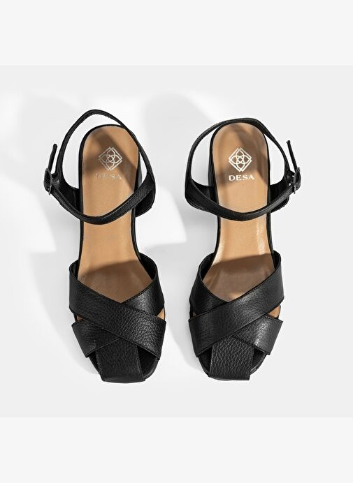 Kadın Siyah Ayarlanabilir Tokalı Deri Topuklu Sandalet - Görsel 8