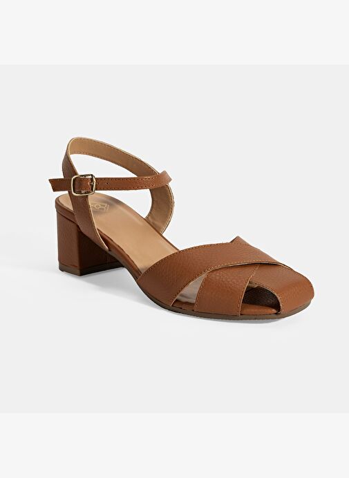 Kadın Taba Ayarlanabilir Tokalı Deri Topuklu Sandalet - Görsel 6