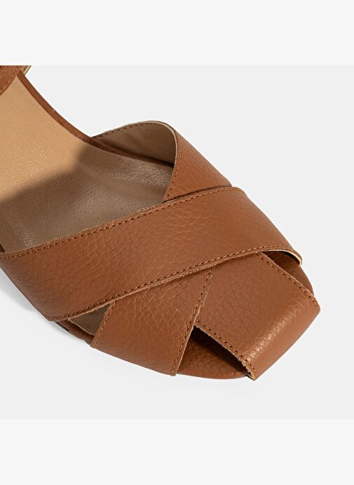 Kadın Taba Ayarlanabilir Tokalı Deri Topuklu Sandalet - Görsel 7