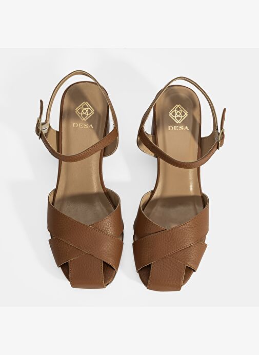 Kadın Taba Ayarlanabilir Tokalı Deri Topuklu Sandalet - Görsel 8
